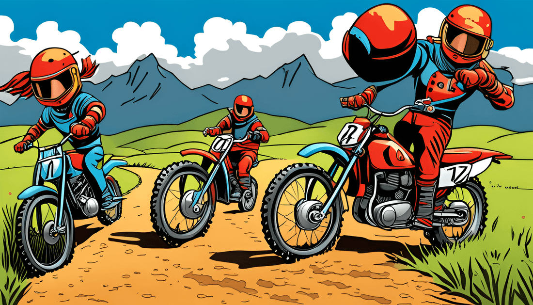 Illustrated kids riding gas-powered youth dirt bikes on a scenic mountain trail