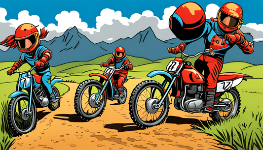 Illustrated kids riding gas-powered youth dirt bikes on a scenic mountain trail