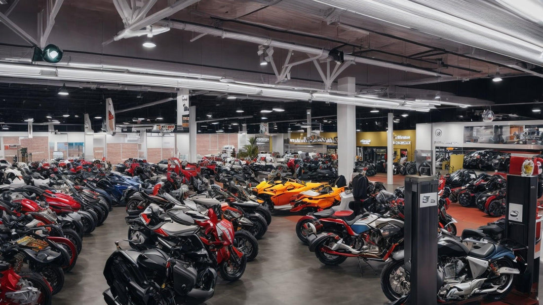 Indoor showroom with rows of ATVs, motorcycles, go-karts, and scooters on display