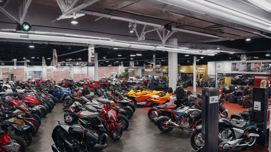 Indoor showroom with rows of ATVs, motorcycles, go-karts, and scooters on display