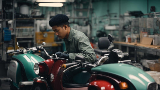 Technician repairing scooters in a scooter repair shop workshop with tools and equipment