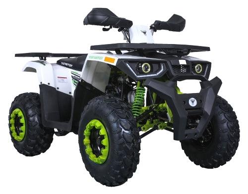 Budget-friendly utility ATV with rugged tires, LED headlights, and green accents