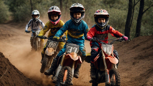Kids riding dirt bikes on a dirt trail, wearing colorful motocross gear and helmets