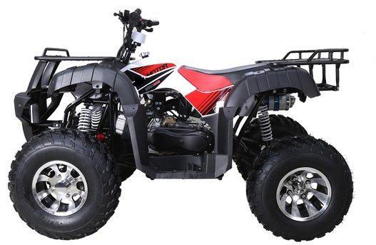 Youth utility ATV with large off-road tires, red and black body, and front and rear racks