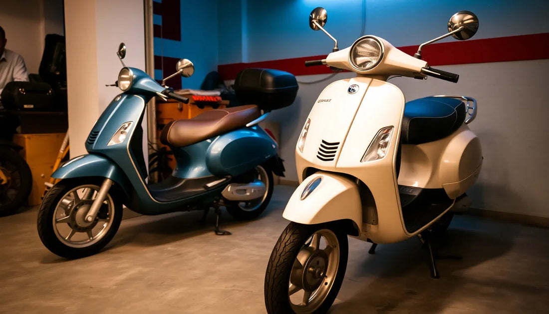Two modern scooters, one white and one blue, parked indoors in a garage setting.