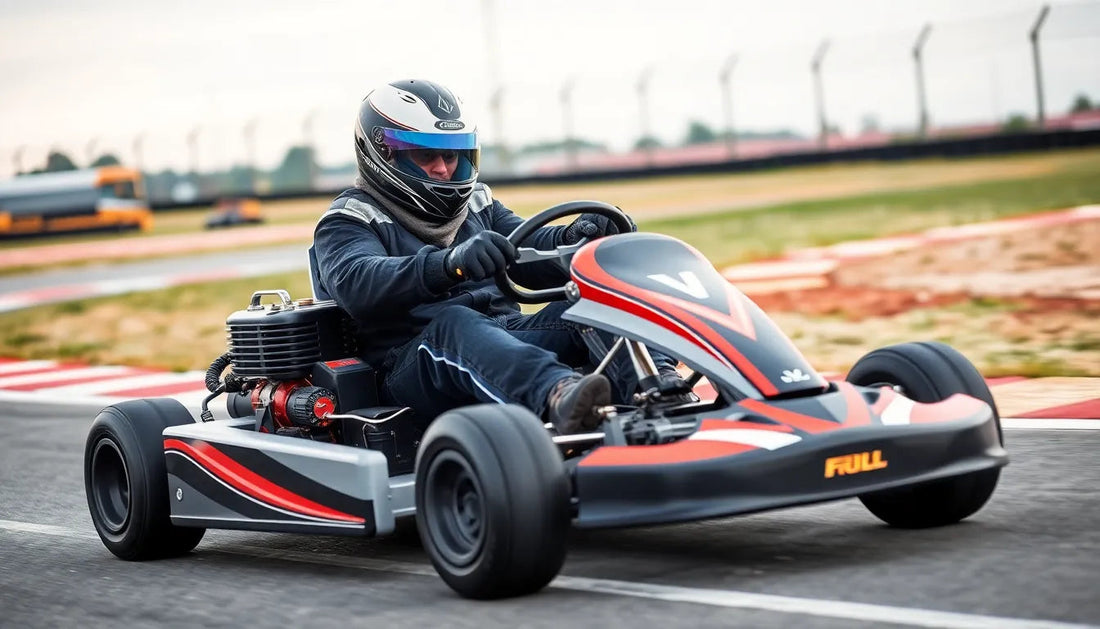 Person racing go-kart on outdoor track, wearing helmet and safety suit, fast vehicle, motorsports