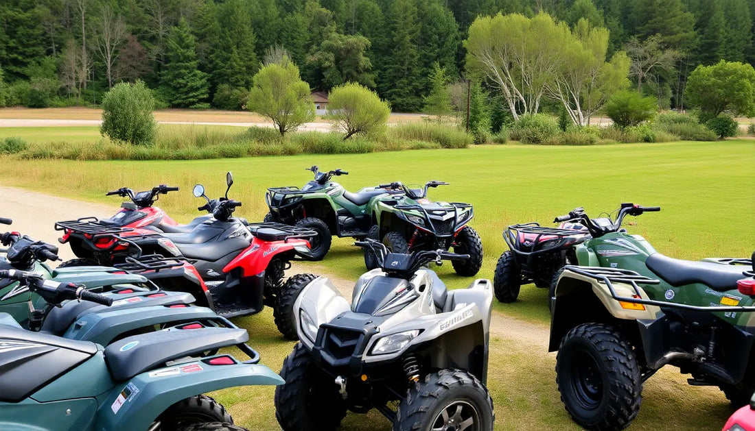 Multiple ATVs parked on grass with trees in the background, outdoor all-terrain vehicles display