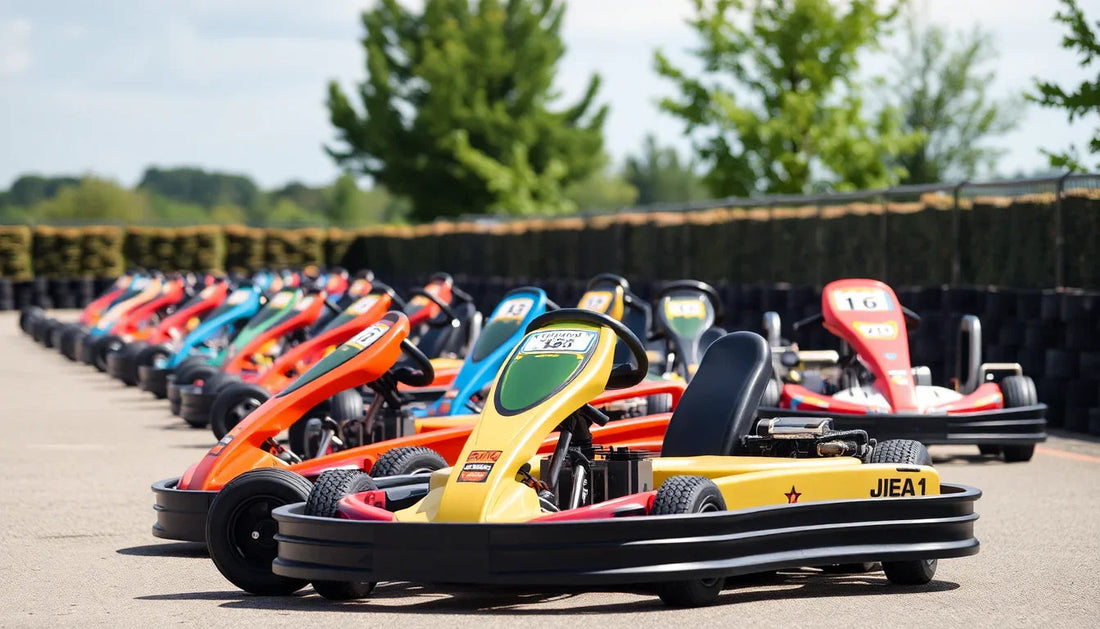 Row of colorful go-karts lined up on an outdoor track, ready for racing
