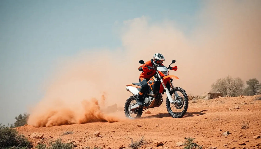 Rider on orange dirt bike kicking up dust on rugged off-road desert trail