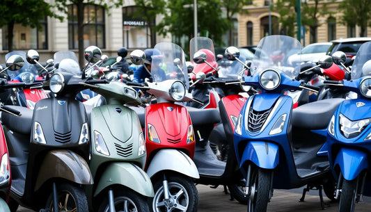 Row of colorful parked scooters with windshields on a city street in front of buildings
