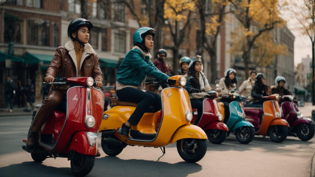 Group of young adults riding colorful motor scooters on a city street in autumn