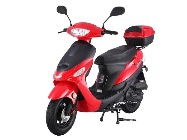 Red gas-powered scooter with black seat and rear storage box on white background