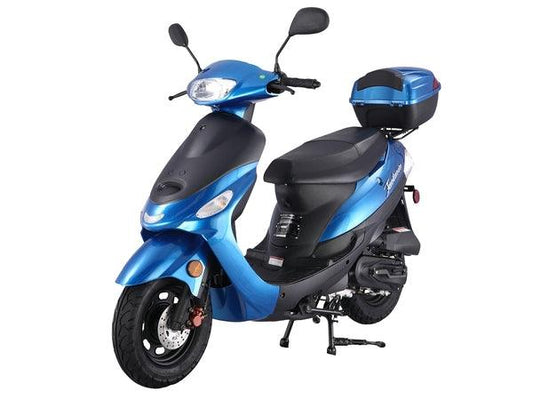 Blue gas-powered scooter with rear storage box, side view on white background