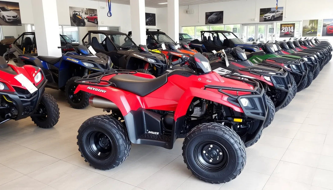 Row of new ATVs in a showroom, featuring a red all-terrain vehicle on display