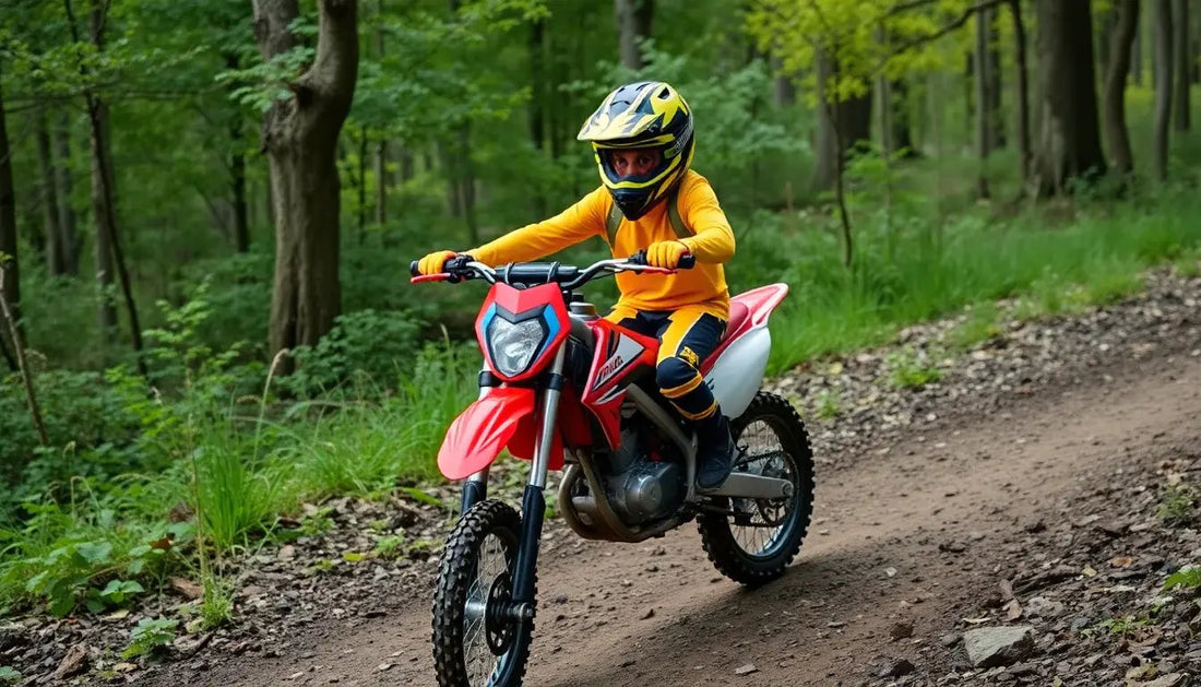 Child riding a red dirt bike on a forest trail, wearing helmet and protective gear