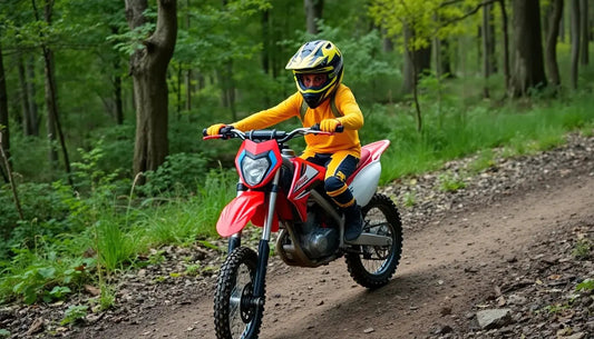 Child riding a red dirt bike on a forest trail, wearing helmet and protective gear