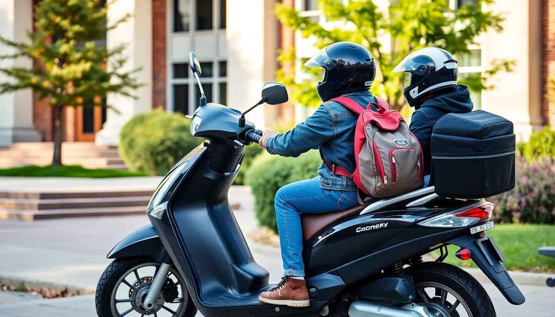 Two riders with helmets and backpacks on a black scooter parked in a suburban area