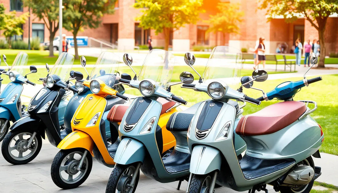 Colorful motor scooters with windshields parked outdoors on a sunny day
