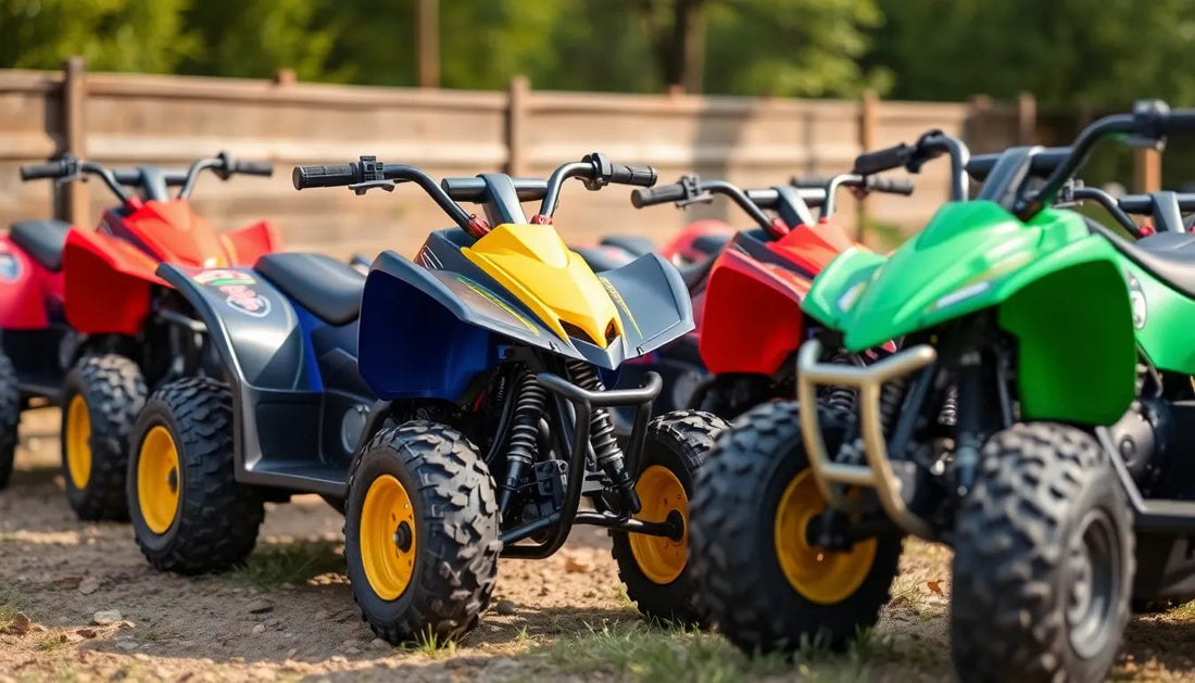 Colorful youth ATVs lined up outdoors on dirt, showcasing off-road tires and sporty design