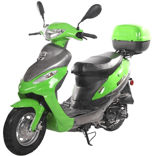Bright green motor scooter with black seat and rear storage box, urban commuter vehicle