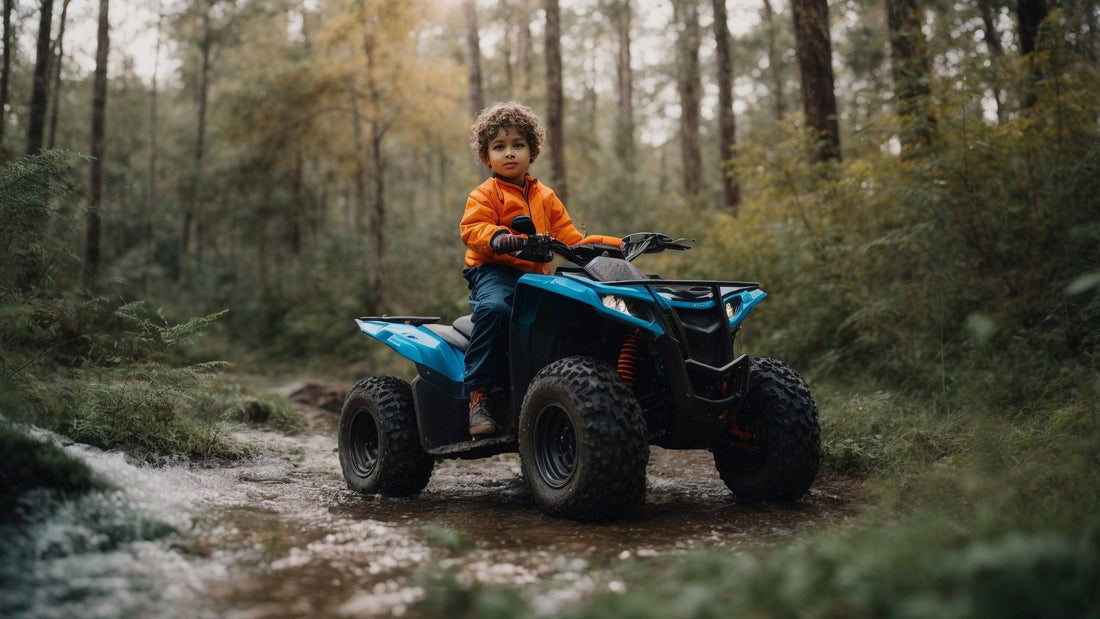 Child riding a blue youth ATV in a forest trail, perfect for beginners and kids.