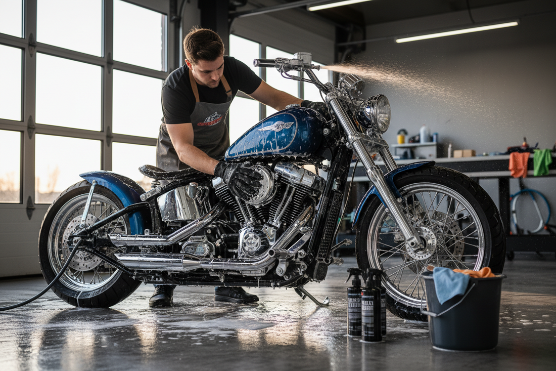 Man washing blue cruiser motorcycle with soap and water in a garage setting