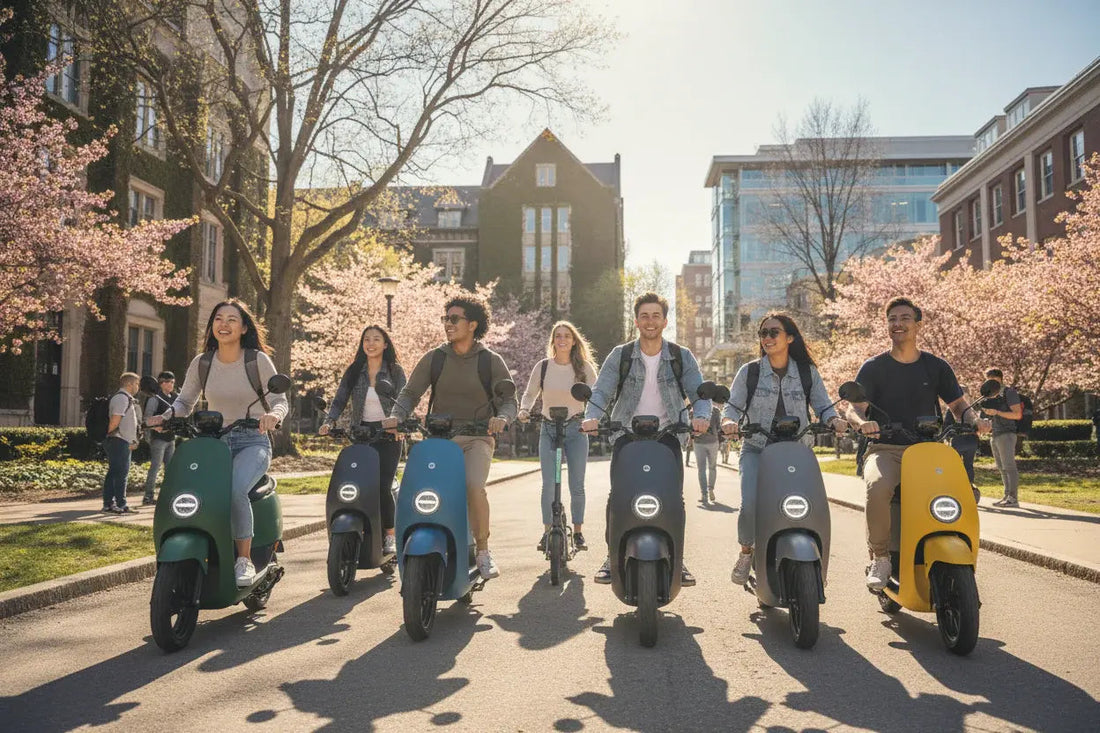 Group of college students riding scooters on campus with spring trees in bloom