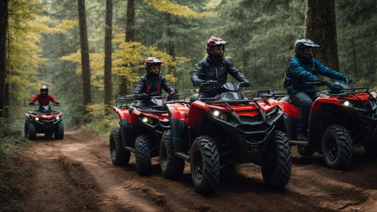 Group riding red ATVs on forest trail, family outdoor adventure, off-road vehicles