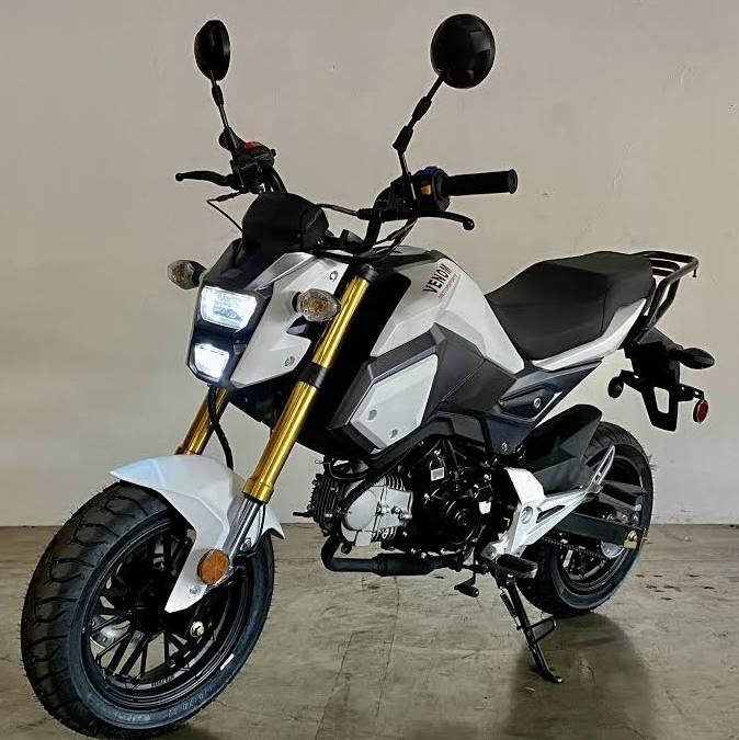 Beginner-friendly mini street motorcycle in white and black with LED headlight and upright handlebars