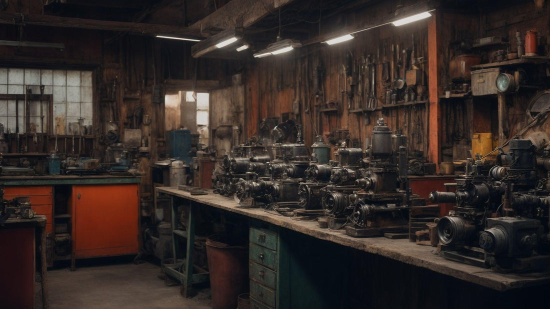 Power equipment workshop with workbenches, industrial machines, and repair tools