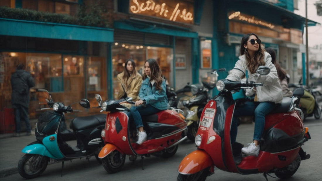 Three young women on modern 50cc and 150cc motor scooters outside a city shopfront