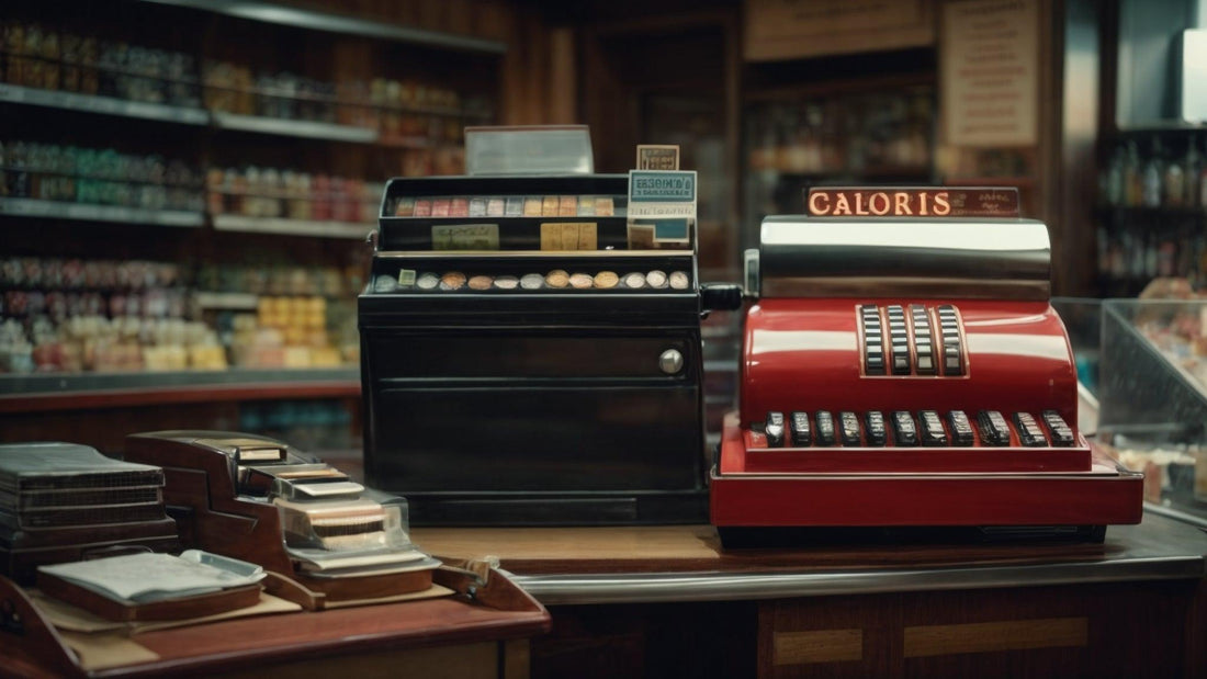 Vintage red and black cash registers on a wooden counter in a retro store setting