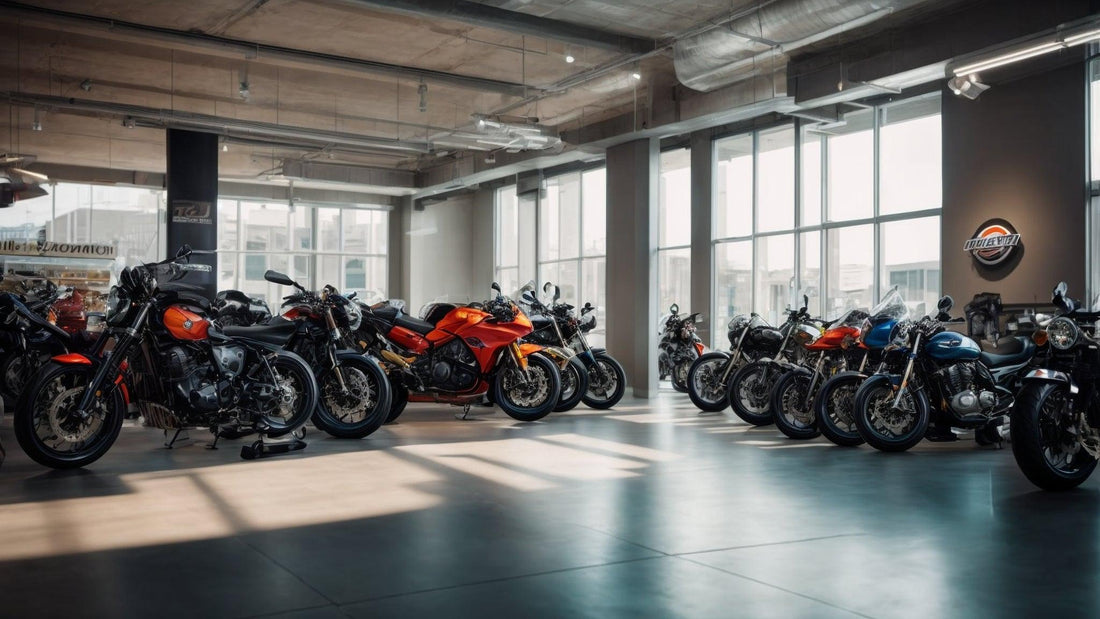 Modern motorcycle showroom with various sport and cruiser bikes in natural light