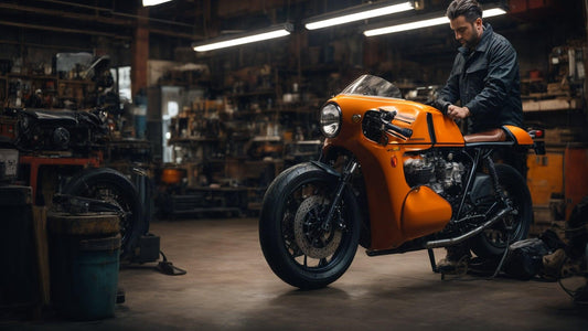 Man performing motorcycle maintenance on orange bike in a workshop setting