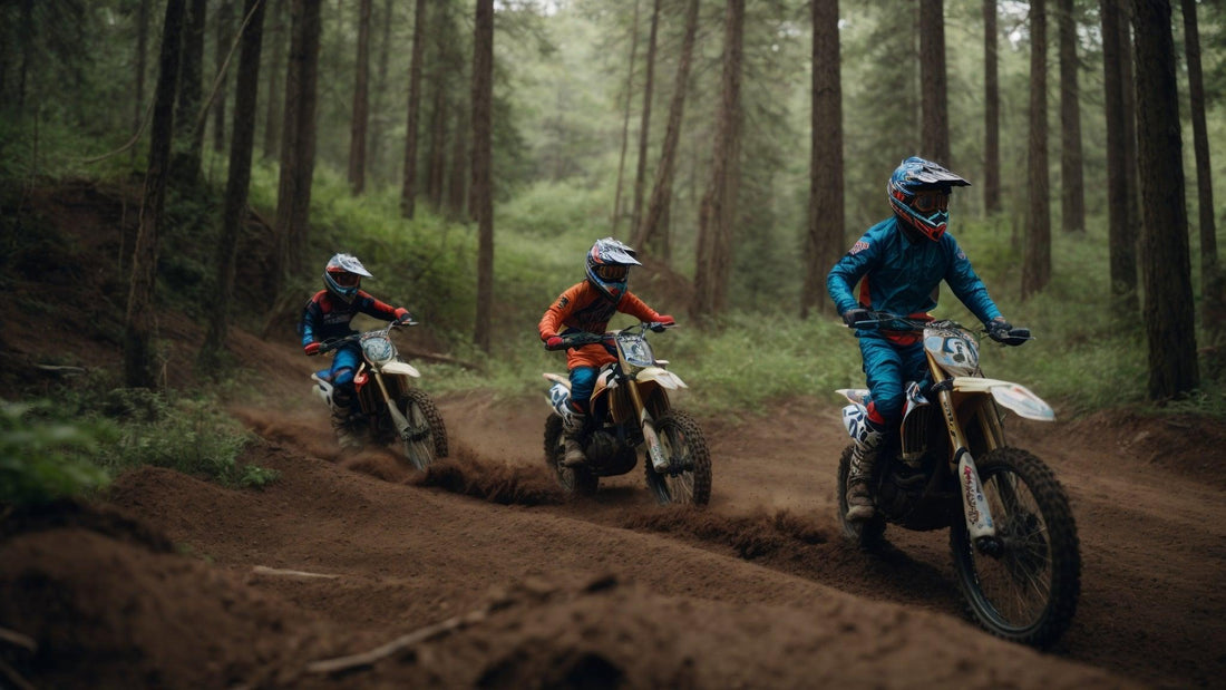 Three riders racing dirt bikes on a forest trail, wearing colorful safety gear and helmets