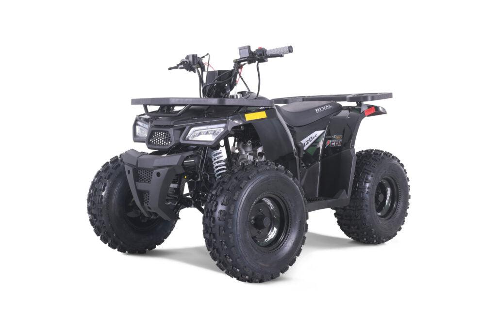 Black 125cc youth utility ATV with rugged tires and front grill on white background