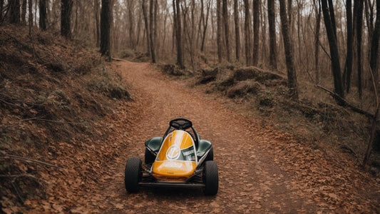 Yellow and green go-kart on a forest dirt trail covered in autumn leaves