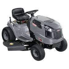 Gray riding lawn mower with black seat, ideal for outdoor yard maintenance equipment.