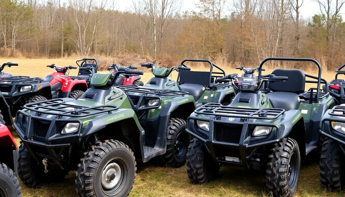 Multiple all-terrain vehicles (ATVs) parked outdoors on grass, with green and red models visible.