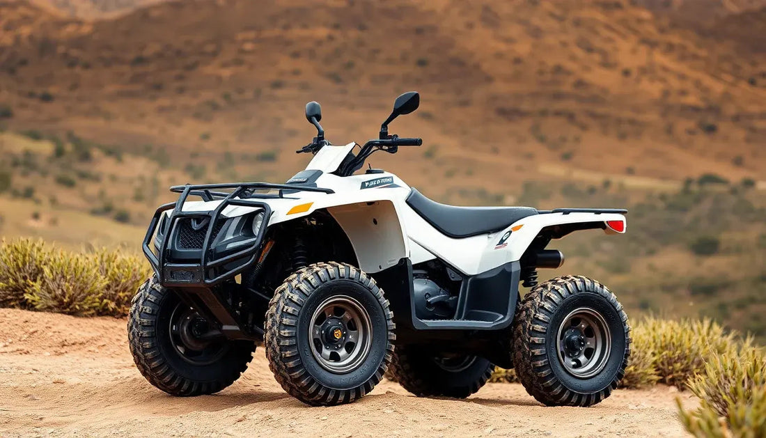 White ATV all-terrain vehicle with rugged tires on a dirt trail in a desert landscape