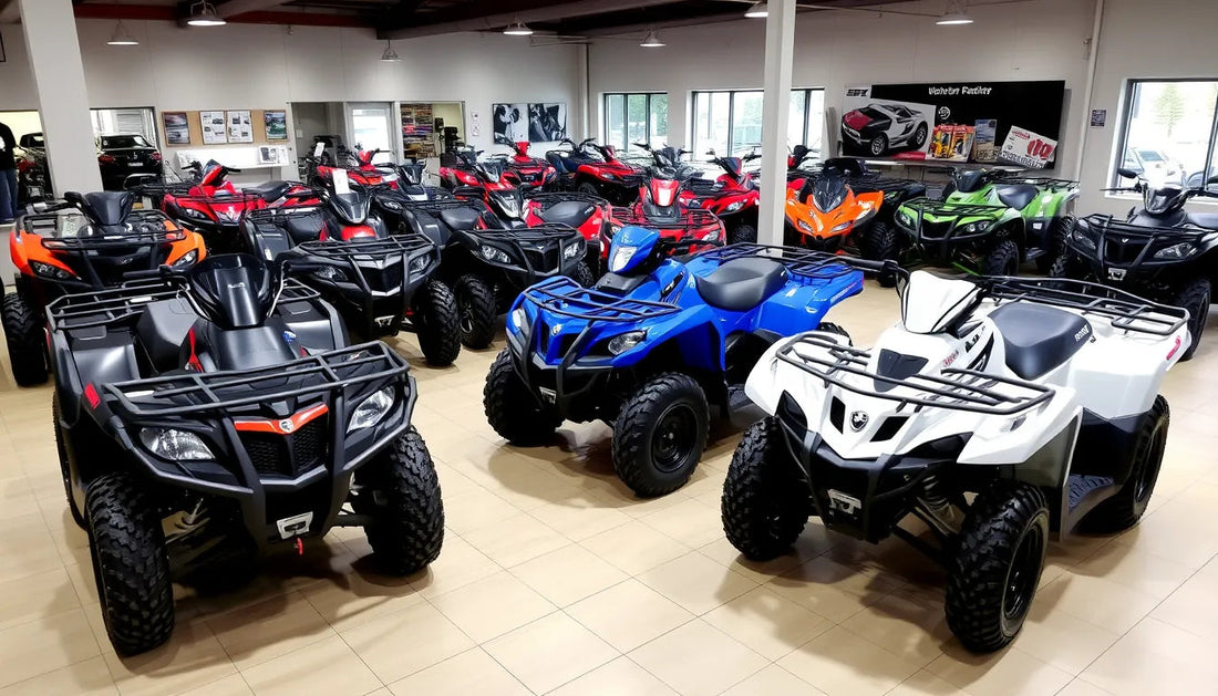 Showroom with multiple new ATVs in various colors, including black, blue, and white, on display.