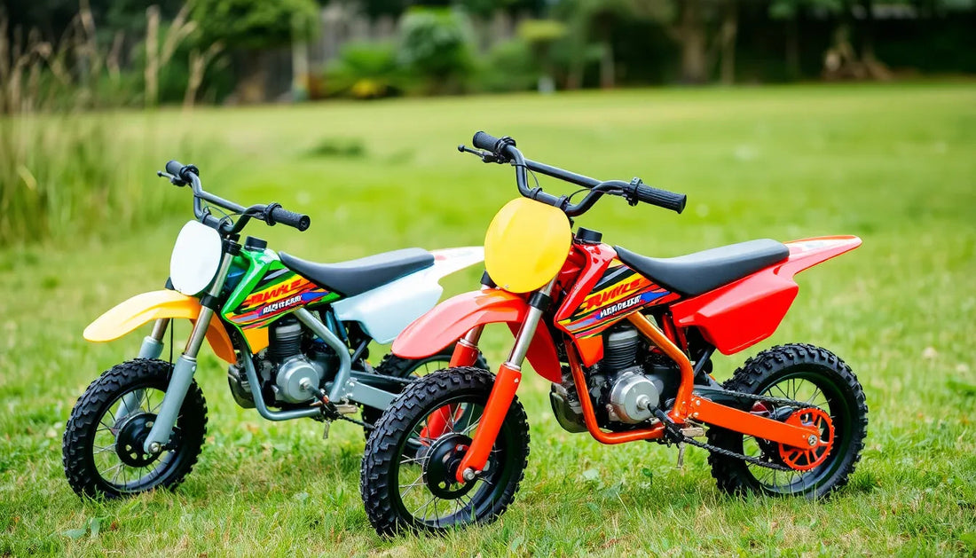 Two kid-sized dirt bikes, one red and one green, on grassy field outdoors.