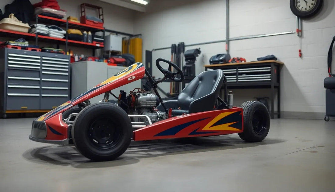Red go-kart with racing decals parked in a garage workshop, visible tool cabinets
