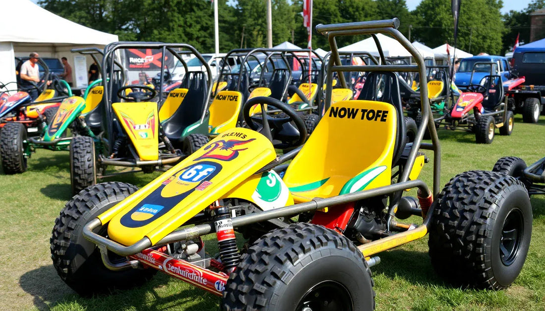 Yellow go-karts with roll cages displayed outdoors on grass at a motorsports event