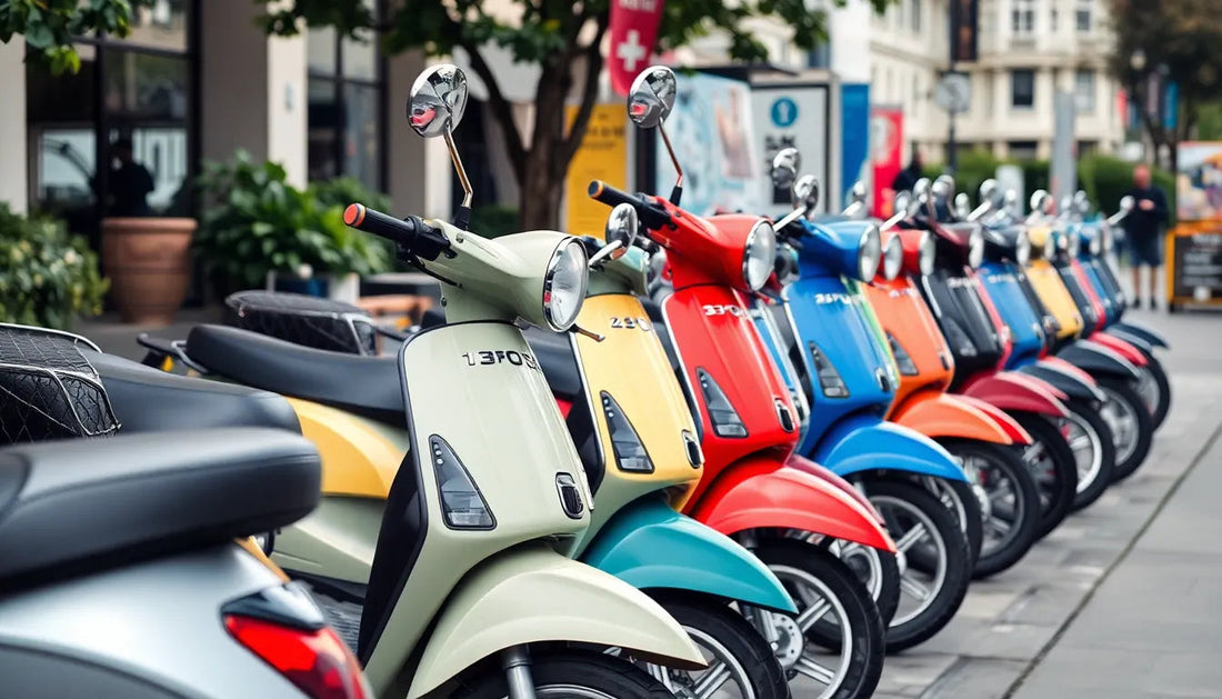 Row of colorful scooters parked on city street, ideal for urban commuting and easy travel.