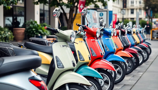 Row of colorful scooters parked on city street, ideal for urban commuting and easy travel.