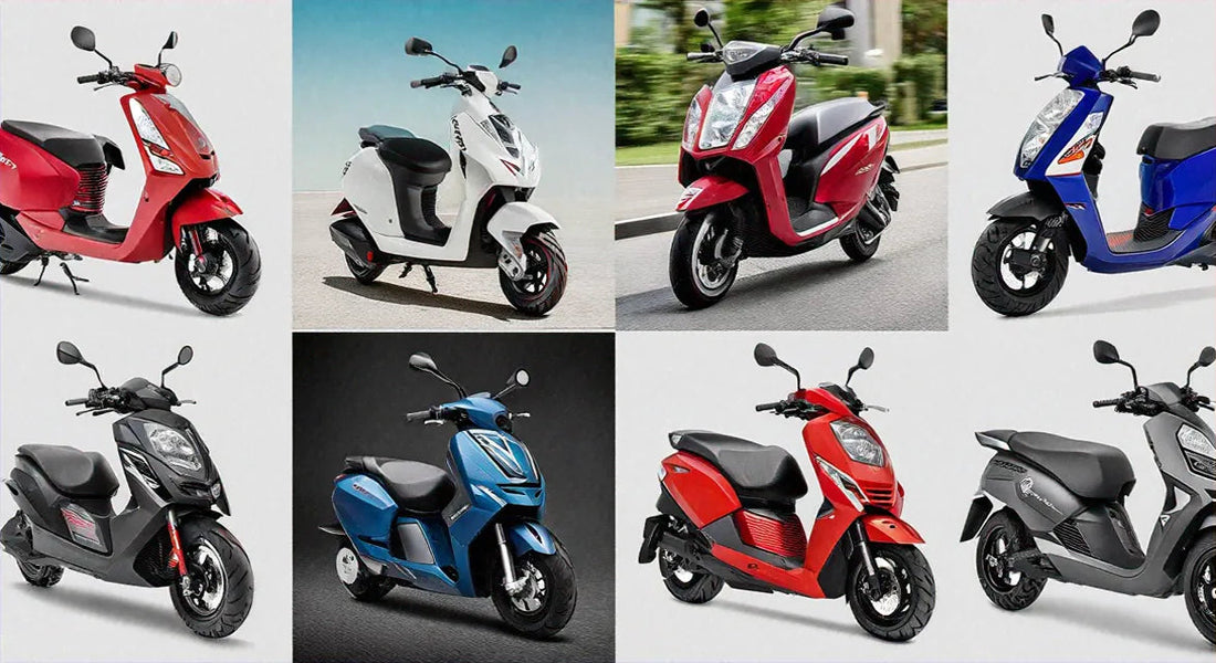 Collage of colorful motor scooters in red, blue, white, black, parked and in motion