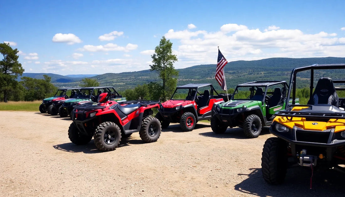 Lineup of colorful ATVs and side-by-side off-road vehicles parked outdoors with mountains in the background