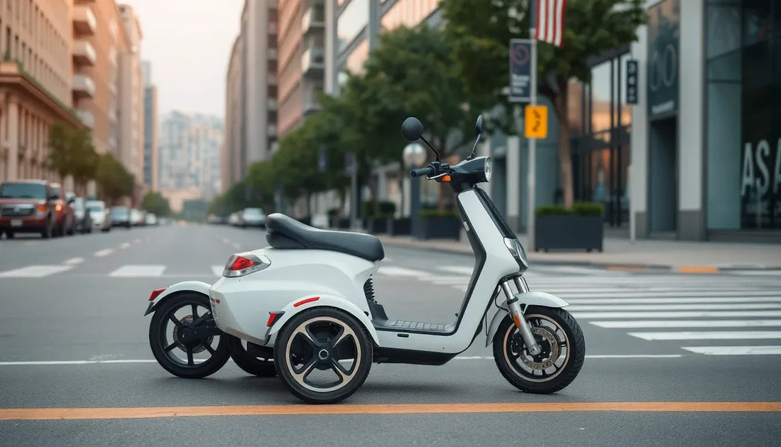 Electric three-wheel scooter parked on a city street, urban mobility vehicle