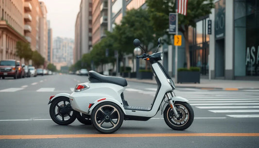 Electric three-wheel scooter parked on a city street, urban mobility vehicle